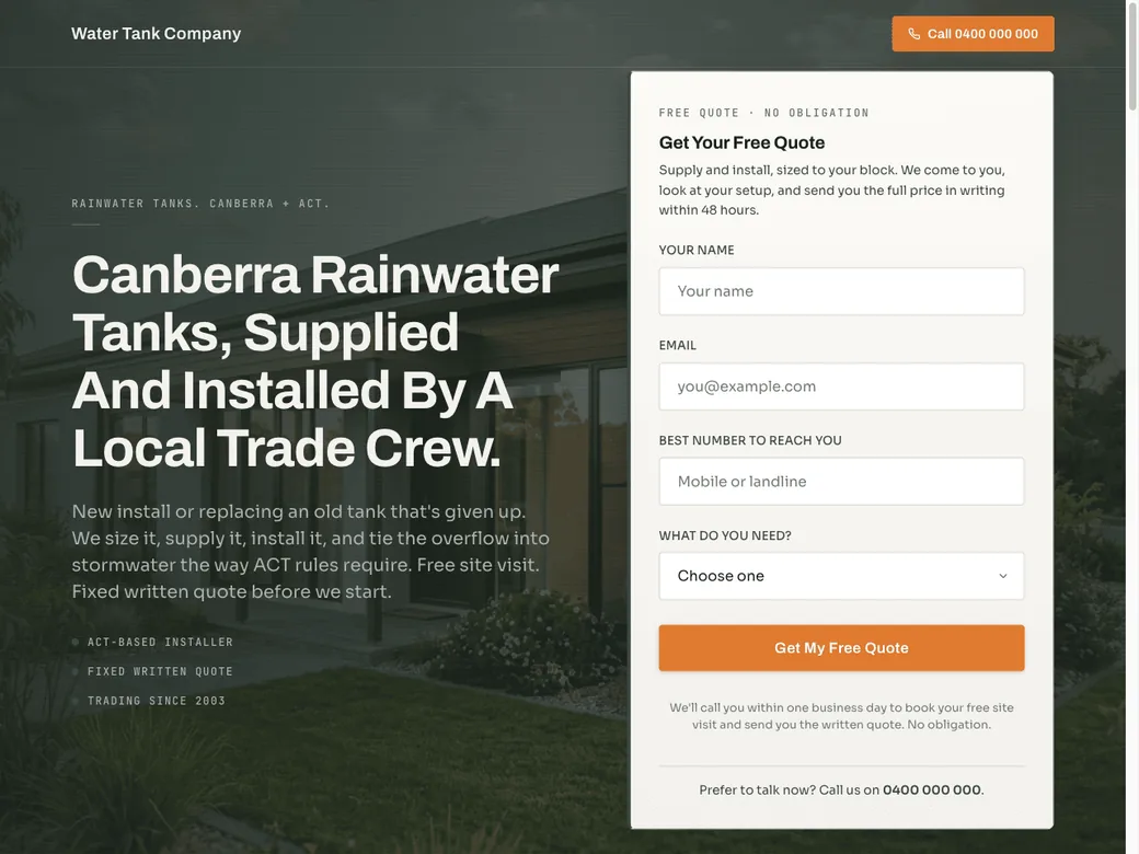 Website built for a water tank supply and installation company