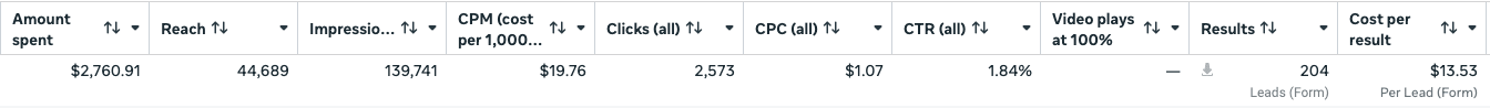 Meta Ads Manager row showing 204 leads at $13.53 per lead
